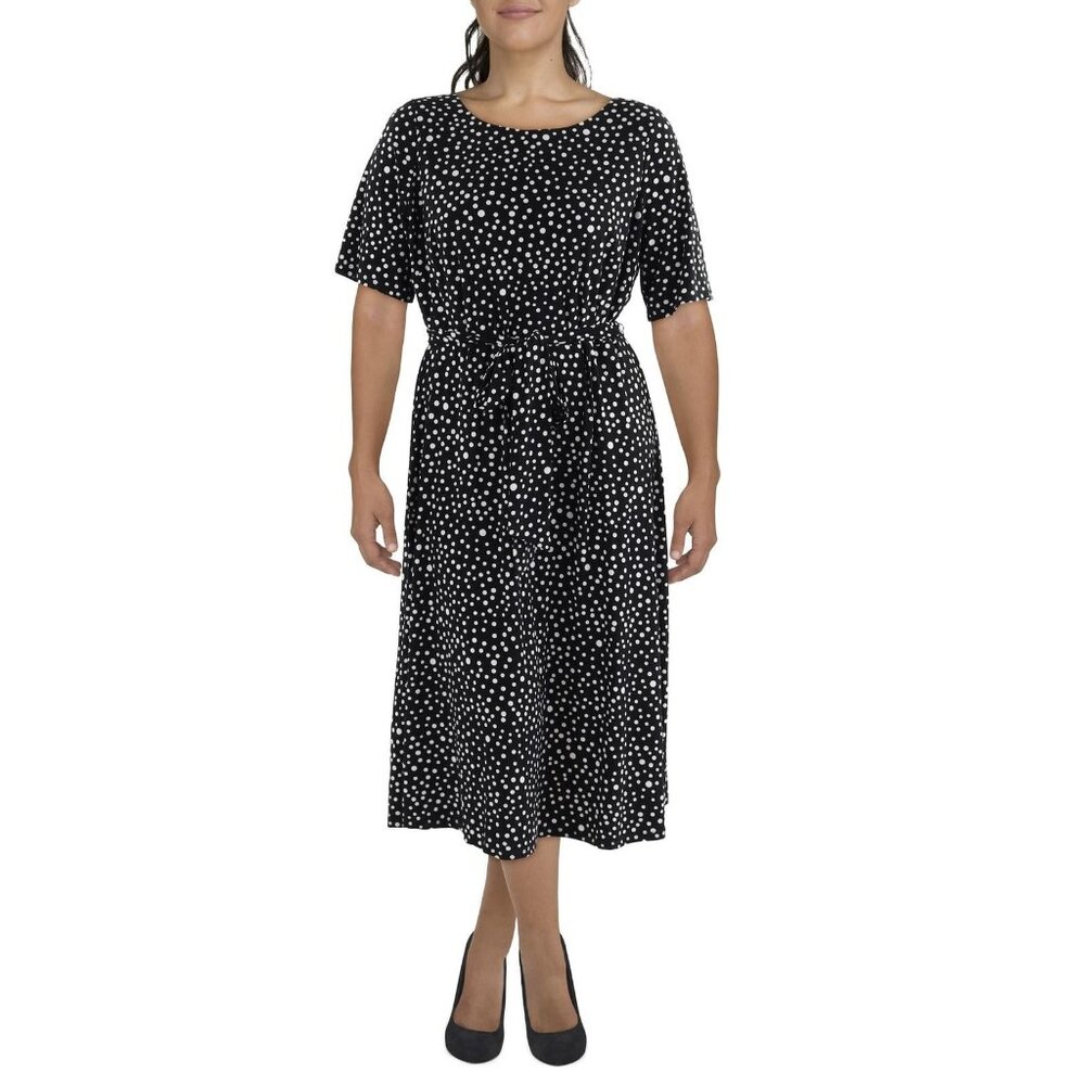 Kasper Black and White Polka Dot Tie-Waist Midi Dress